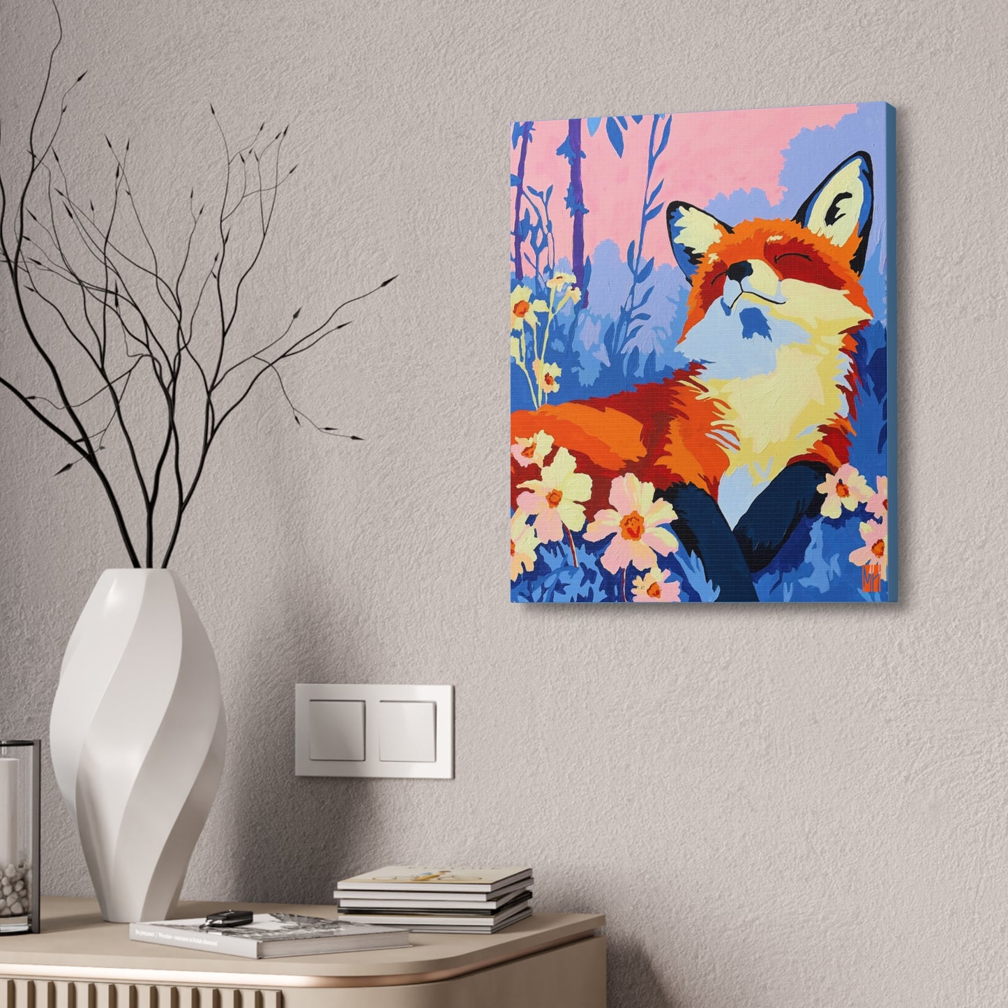 Misty Morning Meadow Fox Stretched Canvas Print