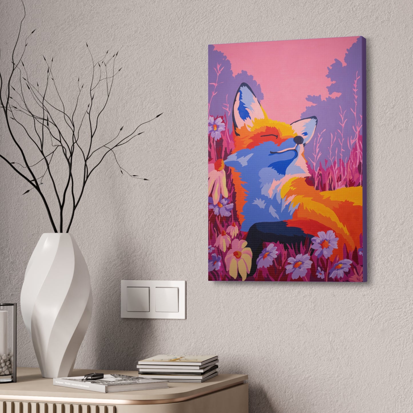 Meadow Mist Moonrise Fox Stretched Canvas Print