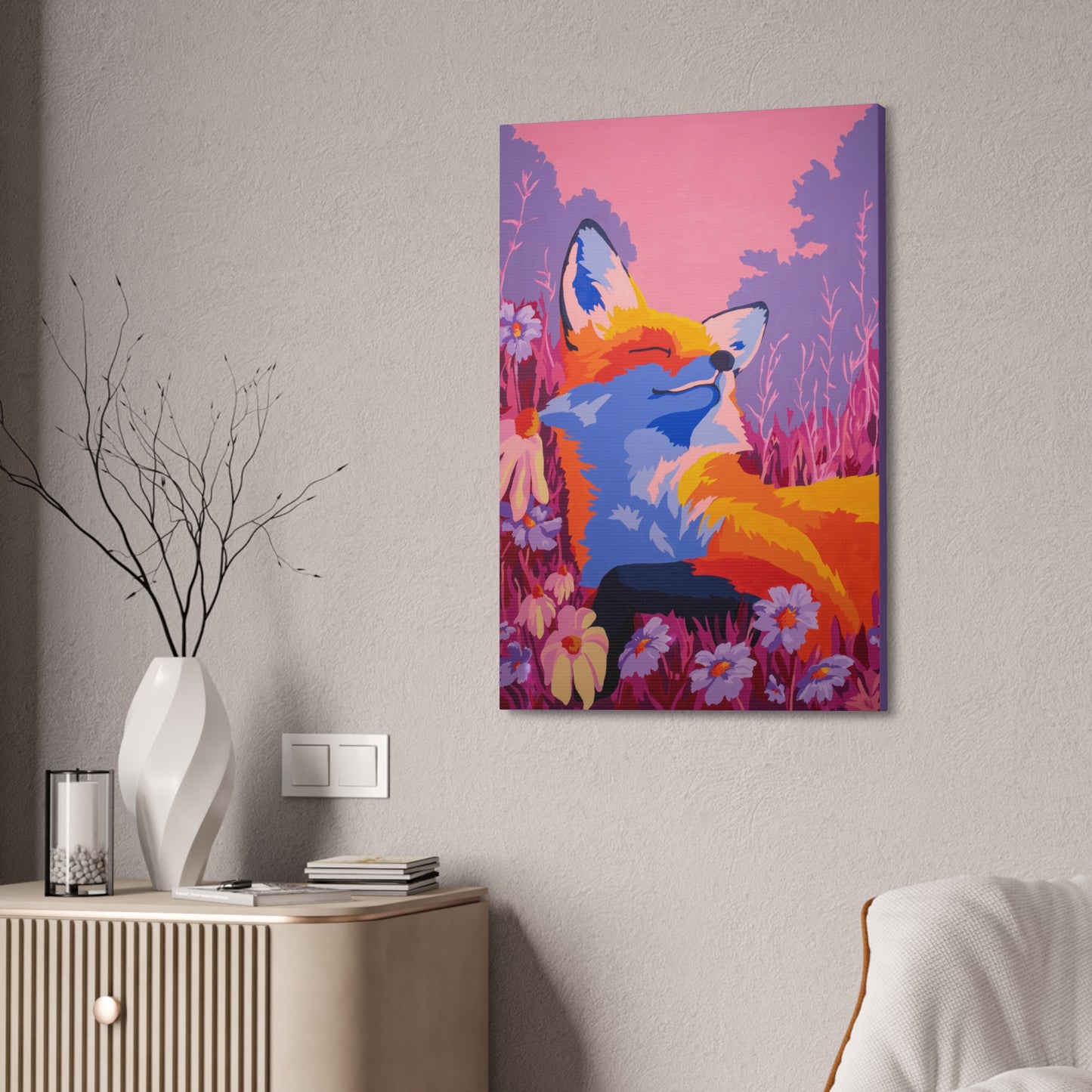 Meadow Mist Moonrise Fox Stretched Canvas Print